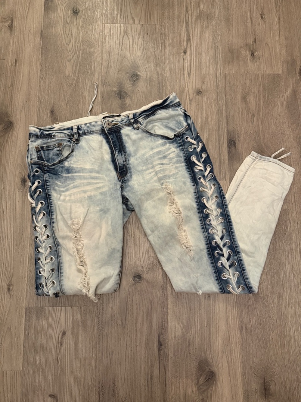 Light Blue Distressed Lace-Up Skinny Jeans for Women